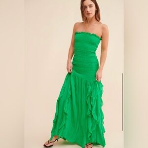 Line and Dot Green Smocked Ruffled Strapless Maxi Dresss